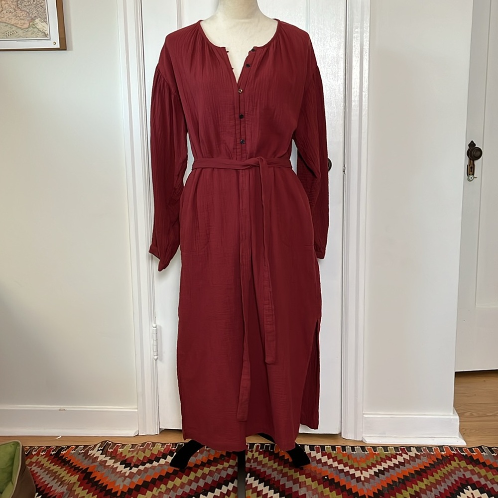 Cotton Gauze Long Sleeve Belted Maxi Midi Dress size M